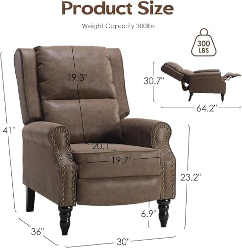 Trygoal Leather Recliner Chair, Pushback Recliner Chair with Adjustable Backrest Footrest, Mid Modern Reclining with Overstuffed Arms Lumbar Support for Reading, Living Room, Coffee Brown