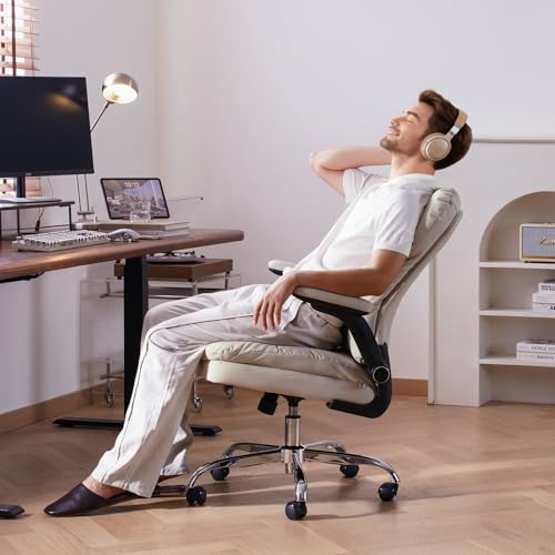 LEAGOO Ergonomic Executive Office Chair, Mid Back Comfy Desk Chairs with 3D Padded Flip-up Arms, Faux Leather Computer Rolling Chair with Wheels for Home, Adjustable Height, 300lbs, Beige LEAGOO