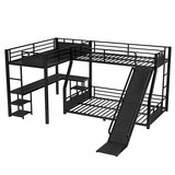 Metal Twin Over Full Bunk Beds with Twin Loft Bed, Heavy Duty Triple Bunk Bed Frame with Slide and Desk,L-Shaped Triple Bunk Beds with Storage Shelves for 3 Kids,Black Bellemave