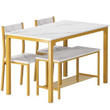soges 4 Person Dining Table Set,43.3 inch Kitchen Table Set for 4,2 Chairs with Backrest,2-Person Bench with Storage Rack,Nesting Furniture Set for Dining Room and Restaurant, White Gold soges