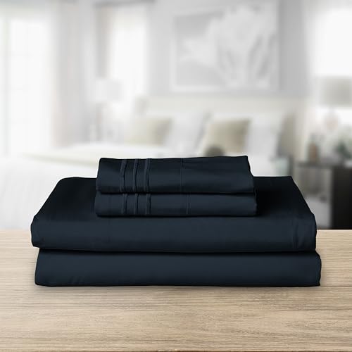 Elegant Comfort Luxurious 1500 Premium Hotel Quality Microfiber Three Line Embroidered Softest 4-Piece Bed Sheet Set, Wrinkle and Fade Resistant, Full, Black Elegant Comfort