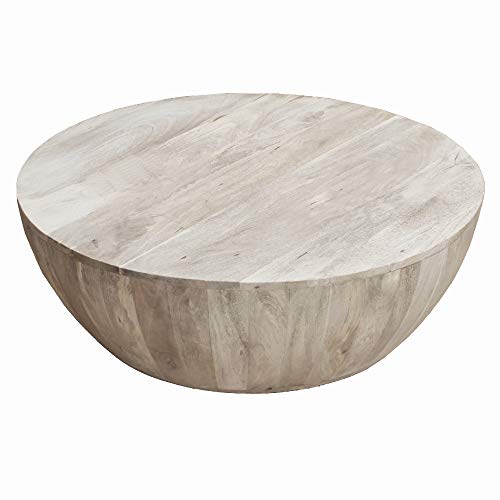 The Urban Port 12-Inch Height Round Mango Wood Coffee Table, Subtle Grains, Distressed White - WoodArtSupply