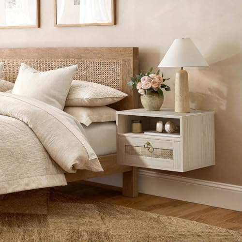 IGERI Floating Nightstand with Drawer for Wall Mounted Hanging Rattan Night Stand Bed Side Tables Wooden End Table Small Boho Dressers Farmhouse Shelves for Bedroom IGERI