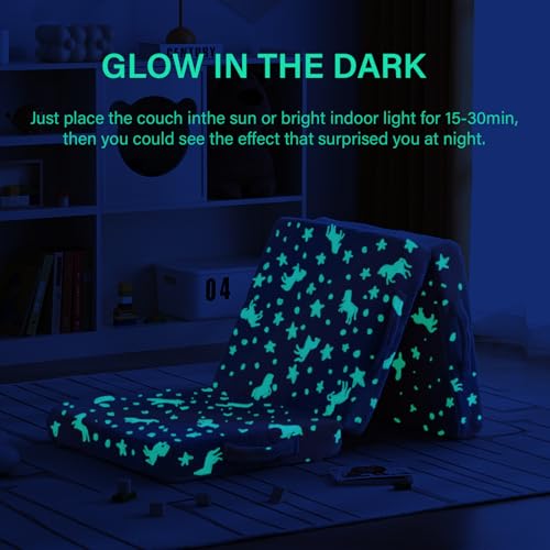 Givjoy Foldable Floor Mattress for Kids, Glow in The Dark Purple Horse Toddler Washable Folding Floor Mat for Nap Daycare, Child Trifold Futon Sofa Bed with Storage Bag for Playroom Girls and Boys Givjoy