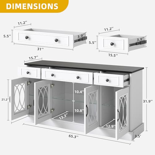 DWVO 65" Buffet Cabinet with 4 Glass Doors Storage, Sideboard Cabinet with 3 Drawers, Coffee Bar with Adjustable Shelves for Kitchen, Living Room, White DWVO