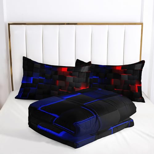Nttopship Red and Blue Checkered Comforter Set Twin Honeycomb Bedding Sets 3PCS for Kids Teen Adult Boy Room Decor Ultra-Soft Lightweight Microfiber 1 Comforter with 2 Pillowcases Nttopship