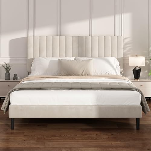 Mxhtcewz King Size Platform Bed Frame with Vertical Channel Tufted Headboard, No Box Spring Needed, Noise-Free, Easy Assembly, Beige Velvet Mxhtcewz