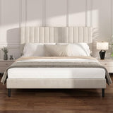 Mxhtcewz King Size Platform Bed Frame with Vertical Channel Tufted Headboard, No Box Spring Needed, Noise-Free, Easy Assembly, Beige Velvet Mxhtcewz