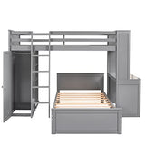 Harper & Bright Designs Twin Over Twin Bunk Bed with Desk, Drawers and Wardrobe, Wooden Loft with Stand-Alone Bed and Shelves for Kids Teens, Grey Harper & Bright Designs