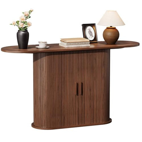 55 Inch Console Table with Storage, Fluted Entryway Tables with Sliding Doors, Sofa Table Behind The Couch, Hallway Tables, Mid-Century Modern Foyer Table for Entryway, Hallway, Living Room, Walnut ONBRILL