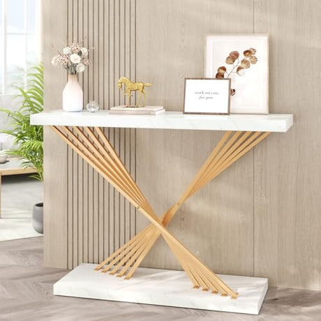 UNIQUITE 39.4 Inch Gold Console Table, White Faux Marble Modern Entryway Table Sofa Tables Behind The Couch for Entrance Hallway Living Room, X-Shape UNIQUITE