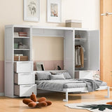 Quarte Modern Queen Size Murphy Bed with Closet, Drawers and Shelves, Cabinet Bed Folding Wall Bed for Guest Room, Office (White@1) Quarte