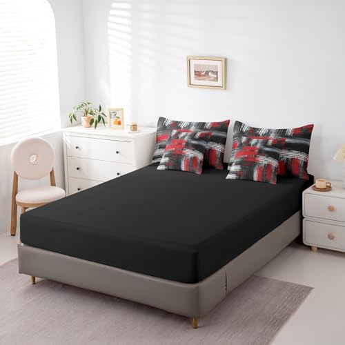 Feelyou Red Black, Grey 7 Piece Bedding Set Full, Abstract Graffiti Art Bed in a Bag Kids Modern Brush Design Bedding Sets with Quilted Comforter, Flat Sheet, Fitted Sheet, Pillowcases, Pillow Covers Feelyou