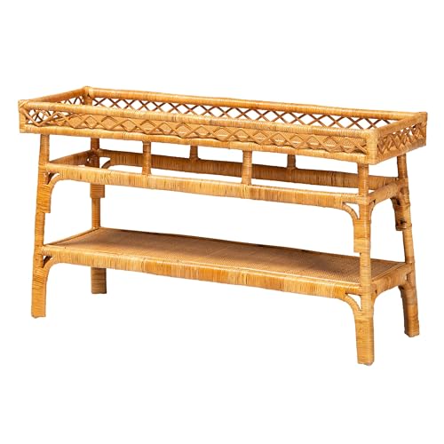 Bali & pari Savitri Modern Bohemian Natural Rattan 2-Tier Console Table bali & pari