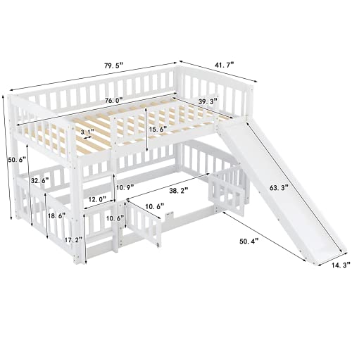 Merax Twin Over Twin Bunk Bed with Slide, Low Bunk Bed Frame with Convertible Ladder & Detachable Fence, Solid Pine Wood Structure for Bedroom, White Merax