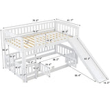 Merax Twin Over Twin Bunk Bed with Slide, Low Bunk Bed Frame with Convertible Ladder & Detachable Fence, Solid Pine Wood Structure for Bedroom, White Merax