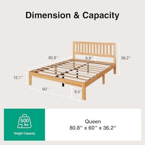 Novilla 12 Inch Queen Bed Frame with Headboard, Queen Size BedFrame with Headboard Classic Wooden Bed Frame Queen Size with Wood Slat Support, No Box Spring Needed, Easy Assembly, Natural Grain Wood Novilla
