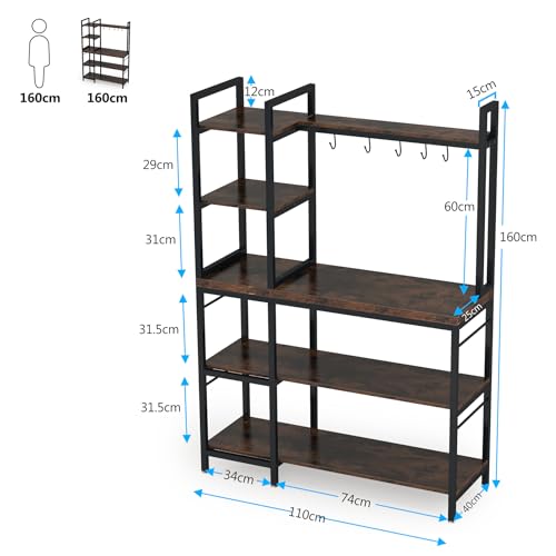 Tribesigns 43 Inch 5-Tier Industrial Bakers Rack with Storage and Hooks in Black Brown Tribesigns