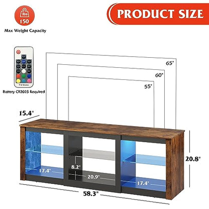 WLIVE TV Stand for 65 Inch TV, Entertainment Center with Adjustable Glass Shelves, LED TV Console, TV Stands for Living Room, Rustic Brown - WoodArtSupply