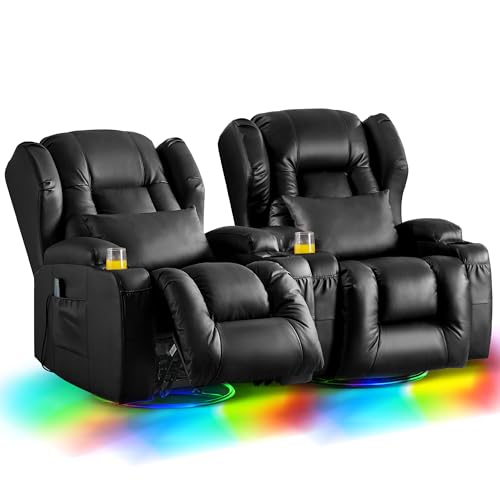 DRMBOOK Dual Motor Power Swivel Rocker Recliner Chairs, Electric Wall Hugger Reclining Sofa with Massage & Heat, Comfy Theater Seating with LED Light/USB/Type-C Ports (Leather Black, Set of 2)