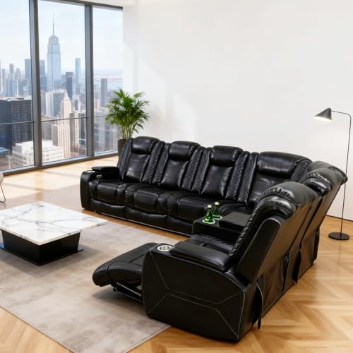 Daydo Sempli Power Reclining Sectional Sofa for Living Room,Modern L-Shaped Black Air Leather Sectional Couch Set,Recliner Sofa Set,with LED Lights,Cup Holder,Storage,Charging Ports,Home Theater Seat