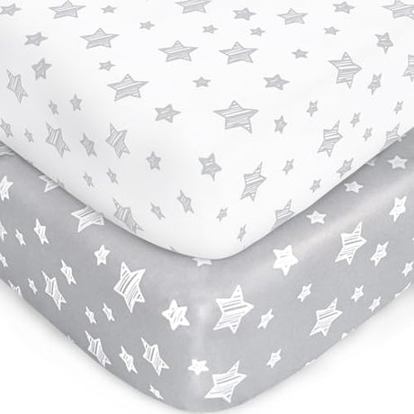 Crib Sheets for Boys or Girls 2 Pack, Fitted Crib Sheet for Standard Size Crib and Toddler Mattresses, Soft and Breathable Material, Grey & White Moonsea