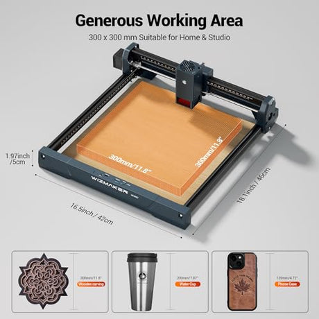 Wizmaker Wand Laser Engraver, 7W Output Power Engraver, 300x300mm Processing Area, 10000 mm/min Processing Speed, Suitable for Processing Wood, Leather, Coated Metal, Acrylic WIZMAKER