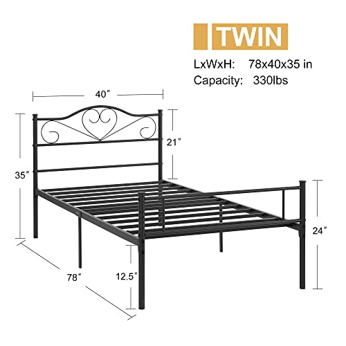 VECELO Metal Platform Bed Frame with Headboard & Footboard, Steel Slats Mattress Foundation, No Box Spring Needed, Twin, Matte Black VECELO