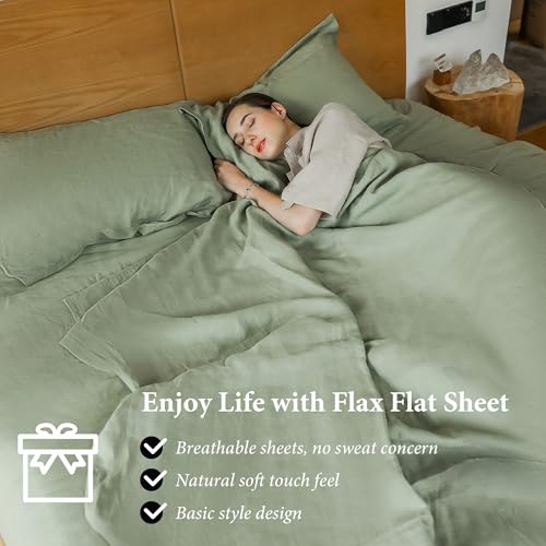 Simple&Opulence French Linen Flat Sheet,100% Natural Flax Bedding Sheet with Stone Washed King Size(108''x102'') Ultra Soft Breathable-1 Piece Flat Top Sheet Only Basic Style, Sage Green Simple&Opulence