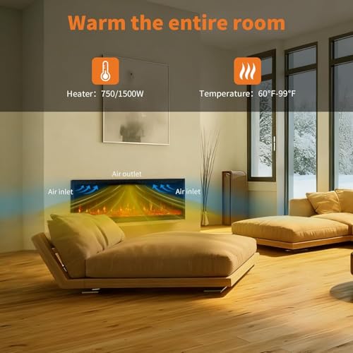 CABIHOME 60 Inch Electric Fireplace Wall Recessed and Wall Mounted with Adjustable Flame Color, Speed, Brightness, Low Noise, Built-in Timer, Log & Crystal, Remote Control & Touch Screen, 750/1500W CABIHOME