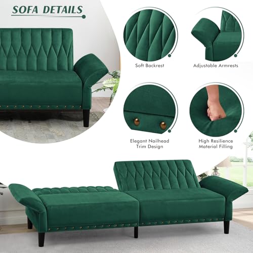 Lesofair 77" Velvet Sleeper Couch with Adjustable Backrests & Armrests, Modern Sofa Bed with Nailhead Trim, Tufted Loveseat Sofa with Deeper Seat for Living Room,Office,Green Lesofair