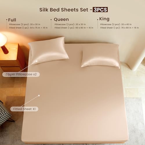 THXSILK Luxury Mulberry Silk Fitted Sheet Set 3 Pcs, King Silk Bed Sheet Set with 16" Deep Pockets, Soft & Cooling Sheets, 1 Fitted Sheet, 2 Pillowcases with Zipper Closure - Champagne THXSILK