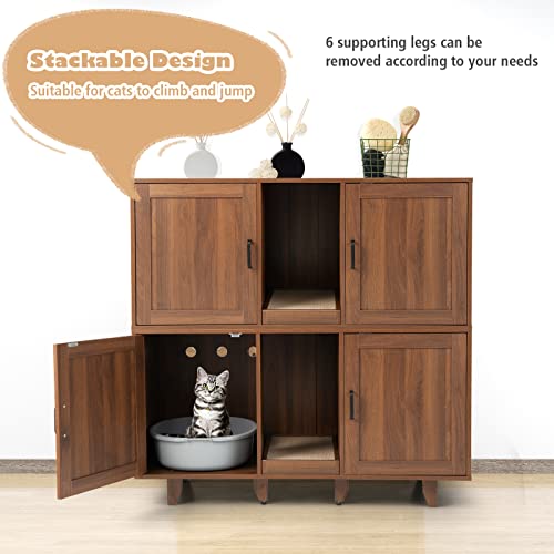 Tangkula Double Cat Litter Box Enclosure for 2 Cats, Large Stackable Hidden Privacy Cat Washroom Cabinet with Scratching Board, Indoor Cat House TV Stand Side Table, Litter Box Furniture (Brown) Tangkula