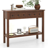 GOFLAME Narrow Console Table with 2 Drawers, 38” Rustic Sofa Table with Bottom Storage Shelf & Embossed Design, 2-Tier Vintage Entry Tables for Living Room, Entryway, Hallway, Walnut GOFLAME