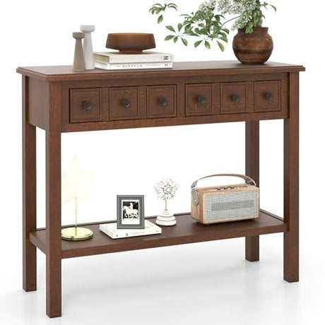 GOFLAME Narrow Console Table with 2 Drawers, 38” Rustic Sofa Table with Bottom Storage Shelf & Embossed Design, 2-Tier Vintage Entry Tables for Living Room, Entryway, Hallway, Walnut GOFLAME