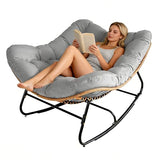 SUNCROWN Oversized Wicker Rocking Chair Indoor Outdoor, 450 LBS Heavy Duty Patio Papasan Egg Chair with Cushion, E-Coated Frame Lounge Rocker for Balcony Porch Garden Living Room, Light Grey