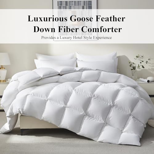 Ubauba Goose Feather Down Fiber Comforter Queen Size - All Season White Fluffy Duvet Insert - 750+ Fill Power Luxurious Hotel Bedding Comforter - Soft 100% Cotton Cover, Medium Warmth (90x90 Inch) Ubauba
