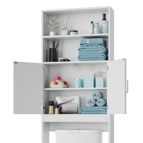 HOSTACK Over The Toilet Storage, Double Door Bathroom Organizer Toilet Cabinet, Freestanding above Toilet Rack with Open Shelves and Adjustable Bottom Bar, 76.8 in H, White - WoodArtSupply