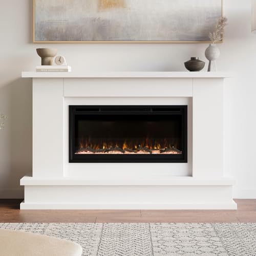 Modern Ember Patton White Mantel Package 64" W x 42" H with 42 Inch Electric Fireplace - 5 Flame Colors, 10 Ember Bed Colors, Log Kit & Crystal Embers | Alexa/WiFi Enabled Modern Ember