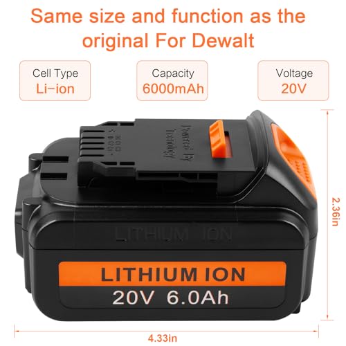 ARyee 6.0Ah Battery Replacement for Dewalt 20 Volt MAX Lithium Ion Battery DCB205 DCB200 DCB206 DCB206-2 DCB204 DCB204BT-2 DCB203 DCB201 with LED Indicator ARyee