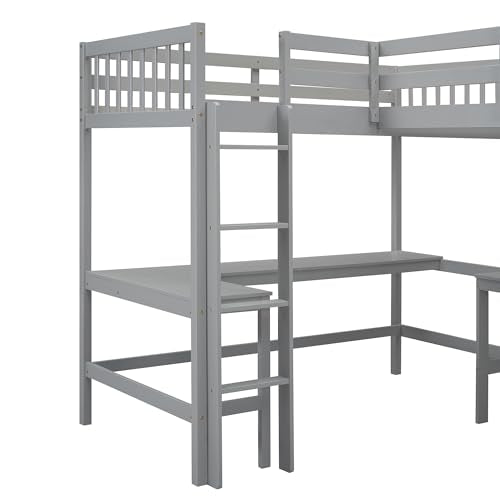 L-Shaped Grey Loft Bed with Two Built-in Desks, Twin Size, Sturdy Design, No Box Spring Required - WoodArtSupply