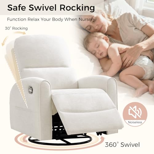 AEMEIOS Swivel Rocker Recliner, Manual Swivel Glider Nursery Recliner Chair with Adjustable Headrest and Lumbar Support, Rocking Recling Chairs for Small Space, Living Room, Bedroom, White