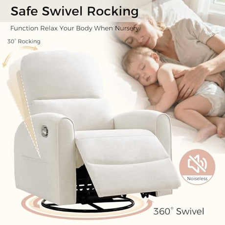 AEMEIOS Swivel Rocker Recliner, Manual Swivel Glider Nursery Recliner Chair with Adjustable Headrest and Lumbar Support, Rocking Recling Chairs for Small Space, Living Room, Bedroom, White AEMEIOS