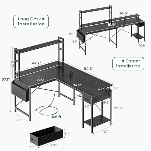 Huuger L Shaped Gaming Desk with LED Lights, Power Outlets & Storage Shelves, Black - WoodArtSupply