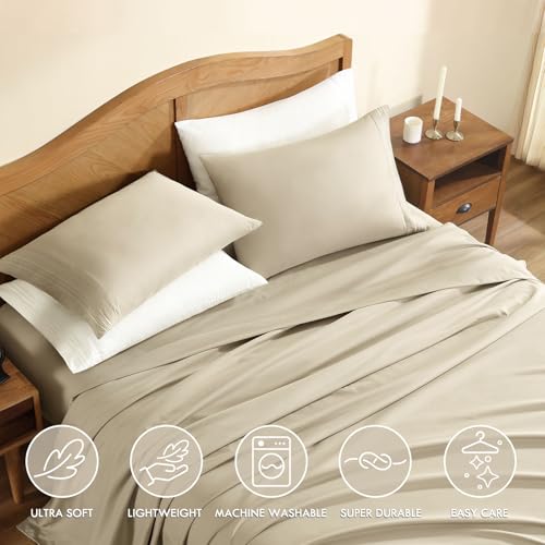ClevaHome Sheet Set Twin Size, 3-Piece Bedding, Lightweight & Super Soft Easy Care Microfiber– Shrinkage & Fade Resistant Bedding Set with 14'' Deep Pockets (Sandy Beige) Cleva