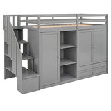Ball & Cast Twin Size Loft Bed with 3 Shelves and 2 Wardrobes,Wooden Bedframe W/ 2 Drawers & Storage Ladder,Space Saving,Slat Support,Bedroom Furniture for Student Dorms,Guest Rooms,Gray Ball & Cast