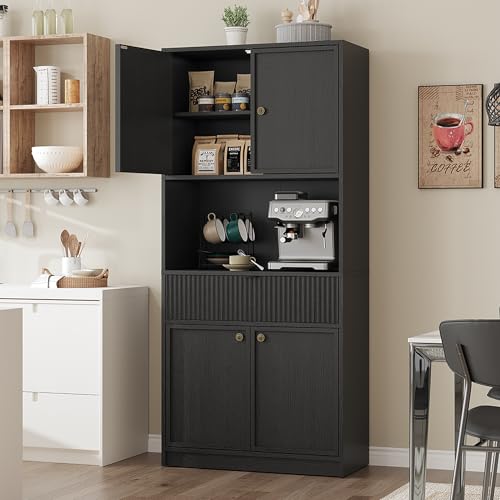 Garvee Tall Kitchen Pantry Cabinet, 70" Pantry Storage Cabinet with Countertop, Fluted Kitchen Hutch Cabinets with Doors and Drawer, Freestanding Cupboard for Dining Room, Living Room, Black Garvee