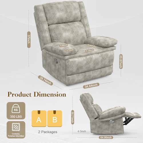 FURNIMAT Recliner Chair for Adults, Oversized Manual Pull Tab Reclining Chair, 2-Tier Cushions, Minimalist Style Single Sofa for Living Room, RV (Polished Microfiber)