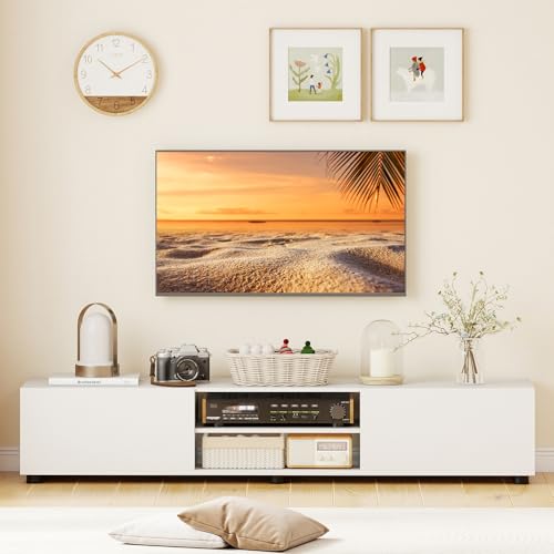 Tangkula Modern TV Stand for up to 70” TVs, 63”L Minimalist Entertainment Center w/ 2 Doors & Open Shelves, Media Console Table Storage Cabinet with 6 Support Feet for Living Room (White, 63”L) Tangkula