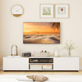 Tangkula Modern TV Stand for up to 70” TVs, 63”L Minimalist Entertainment Center w/ 2 Doors & Open Shelves, Media Console Table Storage Cabinet with 6 Support Feet for Living Room (White, 63”L) Tangkula